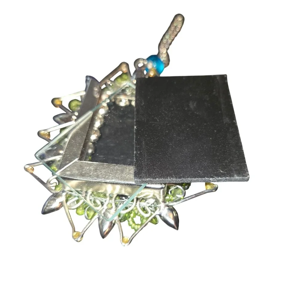 Pier 1 Photo Frame Ornament OS Green‎ Blue Beaded Jeweled Sunburst 6.5